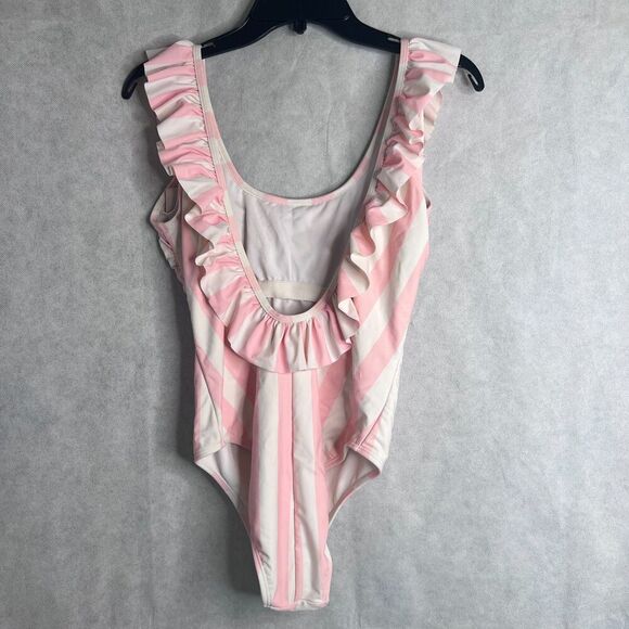 Sugar Coast Pink White Striped Ruffle Neckline Low Back One Piece Swimsuit Sz MD - Picture 3 of 9